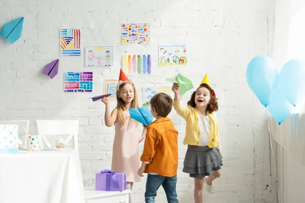 Adorable Happy Kids Playing Paper Planes Birthday Party Home — Stock Photo, Image