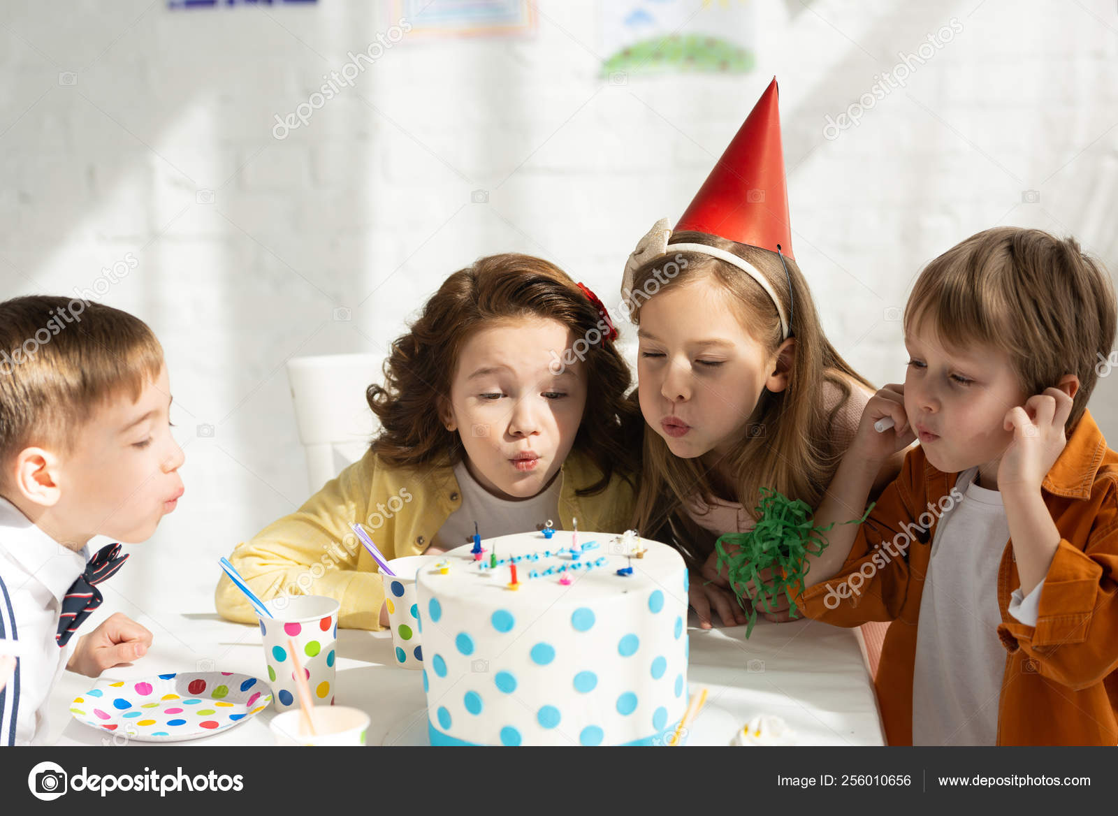 Adorable Kids Blowing Out Candles Birthday Cake Party Home Stock Photo