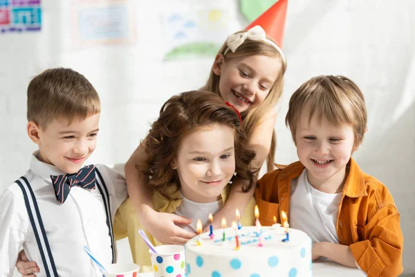 Adorable Kids Sitting Party Table Cake While Celebrating Birthday Together — Stock Photo, Image