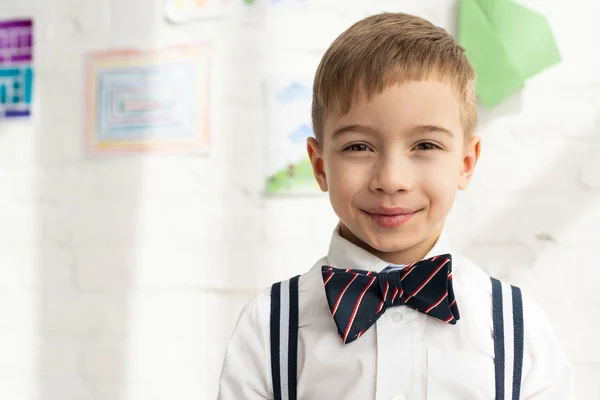 Adorable Preteen Boy Bow Tie Looking Camera Smiling Home — Stock Photo, Image