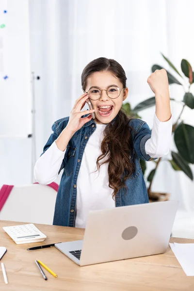 Cheerful Kid Celebrating Triumph While Talking Smartphone Office — Stock Photo, Image