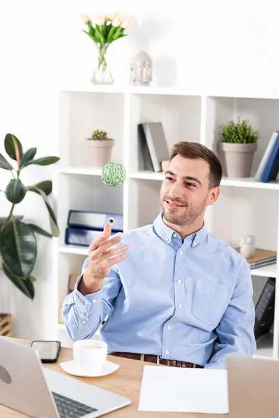 Cheerful Businessman Sitting Laptop Cup Coffee Throwing Ball Air Office — Stock Photo, Image