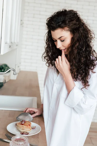 Charming Young Woman White Shirt Preparing Breakfast Kitchen — Stock Photo, Image