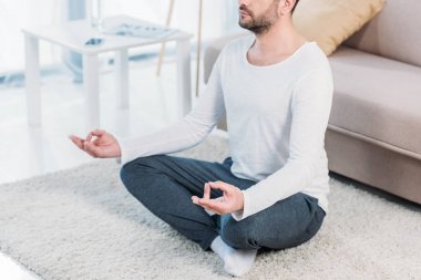 Lotus Pose halı üzerinde oturan ve evde meditasyon adam kırpılmış görünümü