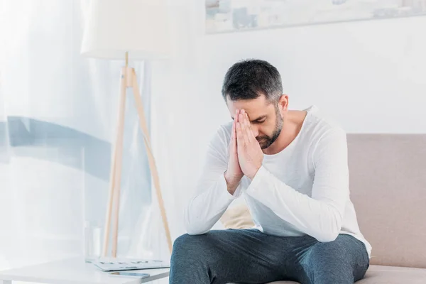 Handsome Bearded Man Eyes Closed Doing Please Gesture Praying Home — Stock Photo, Image
