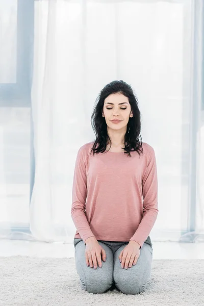 Beautiful Woman Practicing Virasana Pose Living Room Home — Stock Photo, Image