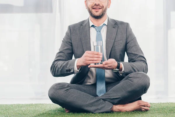 Vista Parcial Del Hombre Negocios Traje Sentado Estera Hierba Sosteniendo — Foto de Stock