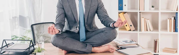 Panoramic Shot Businessman Meditating Lotus Pose Office Desk — Stock Photo, Image