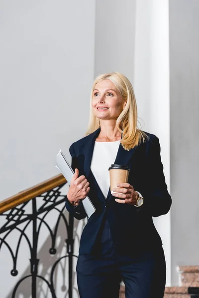 Happy Attractive Blonde Teacher Holding Folder Disposable Cup Hands — Stock Photo, Image