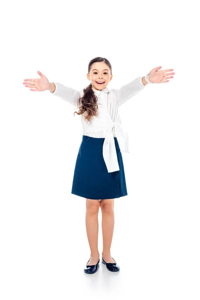 Heureuse Écolière Tenue Formelle Avec Les Mains Tendues Sur Blanc — Photo