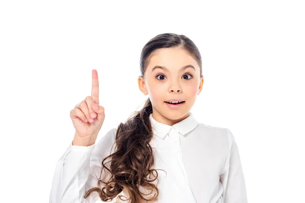 Entzückendes Schulmädchen Formeller Kleidung Zeigt Idee Geste Isoliert Auf Weiß — Stockfoto