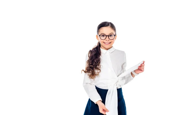 Smiling Schoolgirl Formal Wear Glasses Looking Camera Posing Isolated White — Stock Photo, Image