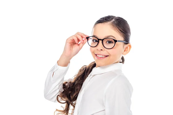 Adorabile Studentessa Abbigliamento Formale Occhiali Sorridente Guardando Fotocamera Isolata Bianco — Foto Stock