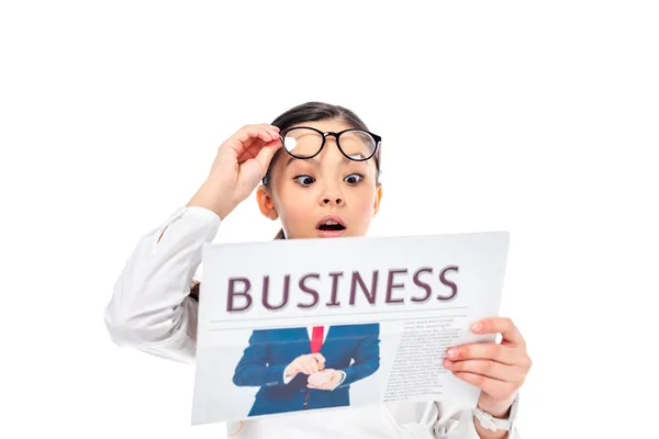 Shocked Schoolgirl Formal Wear Reading Business Newspaper Isolated White — Stock Photo, Image