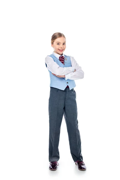Smiling Schoolgirl Formal Wear Crossed Arms White — Stock Photo, Image
