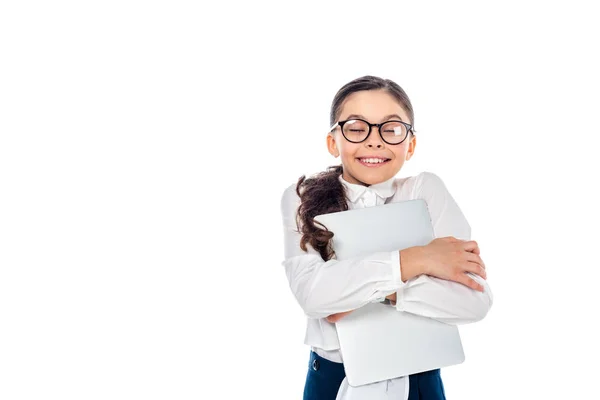 Glückliches Schulkind Mit Brille Laptop Isoliert Auf Weiß Mit Kopierraum — Stockfoto