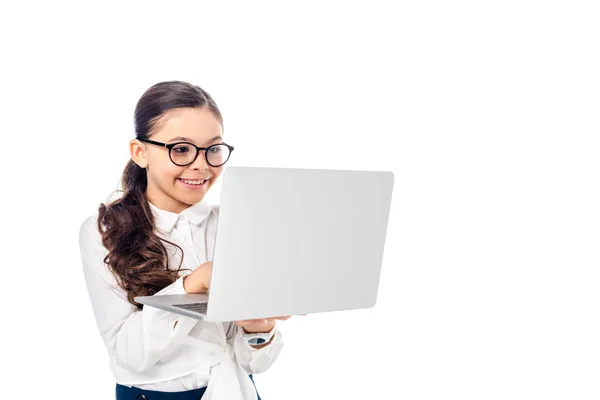 Happy Schoolchild Glasses Using Laptop Isolated White Copy Space — Stock Photo, Image