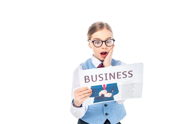Surprised Schoolgirl Formal Wear Gesturing Reading Business Newspaper Isolated White — Stock Photo, Image