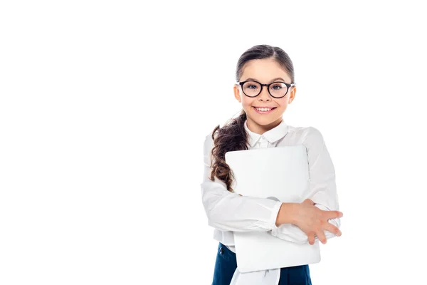 Smiling Schoolgirl Glasses Holding Laptop Isolated White Copy Space — Stock Photo, Image
