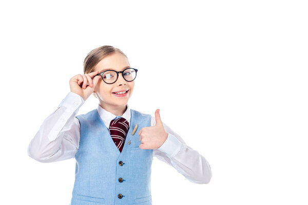 happy schoolchild in glasses doing thumb up sign Isolated On White with copy space