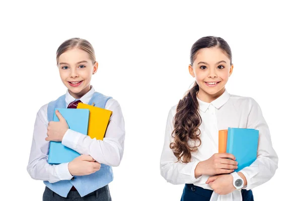 Happy Schoolgirls Formal Wear Books Looking Camera Isolated White — Stock Photo, Image