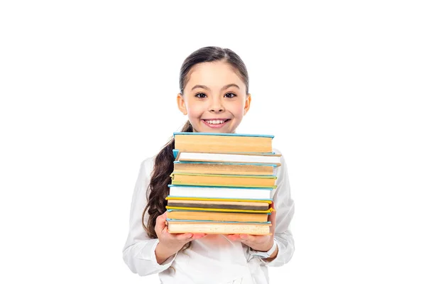 Glimlachend Schoolmeisje Houdt Boeken Kijkt Naar Camera Geïsoleerd Wit — Stockfoto