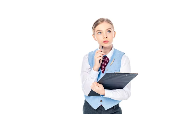 Pensive Schoolgirl Formal Wear Holding Clipboard Pen Isolated White Copy — Stock Photo, Image