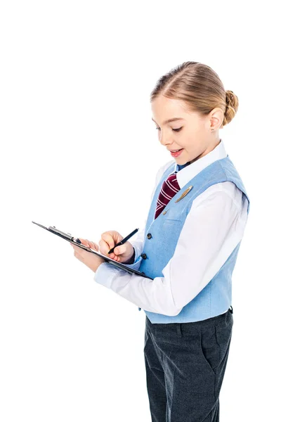 Adorable Schoolgirl Formal Wear Writing Clipboard Pen Isolated White — Stock Photo, Image