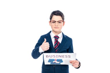 iş gazetesi ile resmi giyim schoolboy başparmak kadar işaret Yapıyor Beyaz İzole