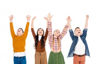 uzatılmış elleri ile neşeli okul çocukları Beyaz Izole