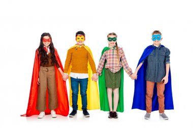 happy kids in superhero costumes and masks holding hands On White clipart