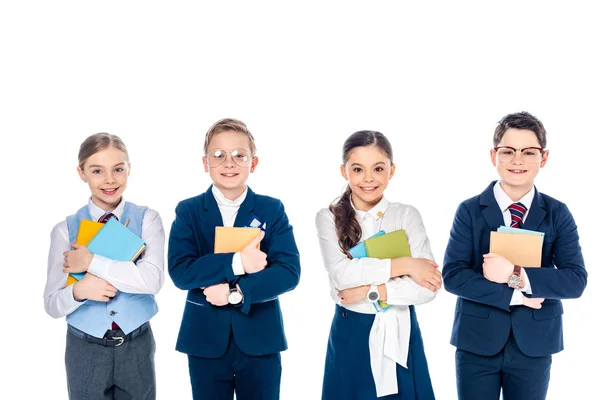 Happy Schoolchildren Pretending Businesspeople Books Isolated White — Stock Photo, Image