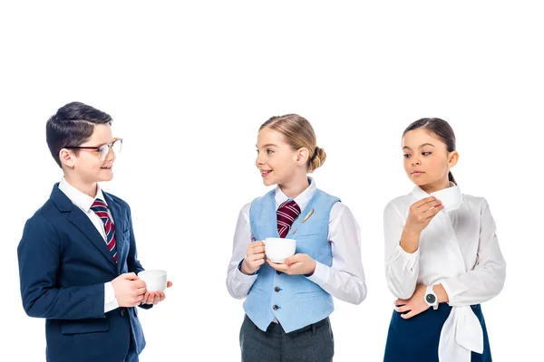 Smiling Schoolchildren Pretending Businesspeople Coffee Cups Isolated White — Stock Photo, Image