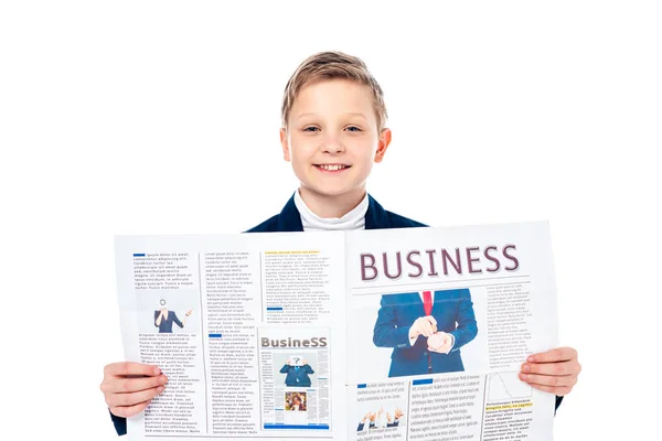 Anak Sekolah Bahagia Dalam Pakaian Formal Memegang Surat Kabar Bisnis — Stok Foto