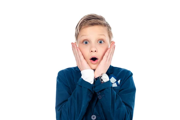 Shocked Schoolboy Formal Wear Touching Face Looking Camera Isolated White — Stock Photo, Image