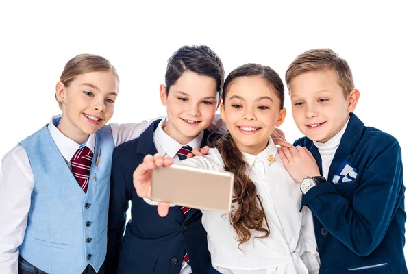 Niños Escuela Felices Fingiendo Ser Empresarios Tomando Selfie Teléfono Inteligente — Foto de Stock