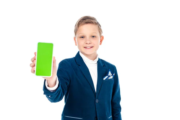 Smiling Schoolboy Formal Wear Presenting Smartphone Green Screen Isolated White — Stock Photo, Image