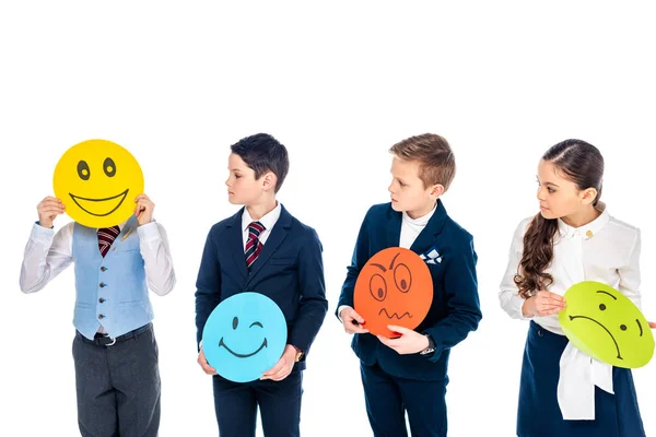 Schoolchildren Holding Cards Various Face Expressions Looking Kid Covering Face — Stock Photo, Image