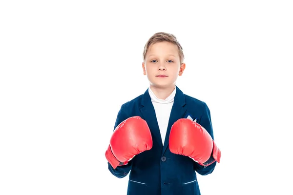 Colegial Guantes Boxeo Mirando Cámara Aislado Blanco Con Espacio Copia — Foto de Stock