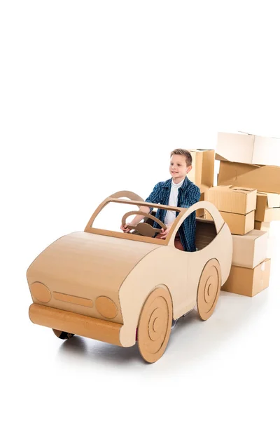 Happy Boy Playing Cardboard Car White Copy Space — Stock Photo, Image