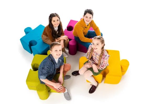 High Angle View Happy Kids Sitting Jigsaw Puzzle Poufs White — Stock Photo, Image