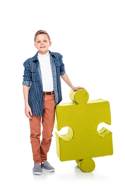 Happy Boy Jigsaw Puzzle Piece Looking Camera White — Stock Photo, Image