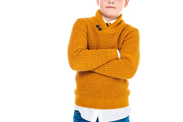 Bijgesneden Beeld Van Jongen Casual Kleding Met Gekruiste Armen Geïsoleerd — Stockfoto