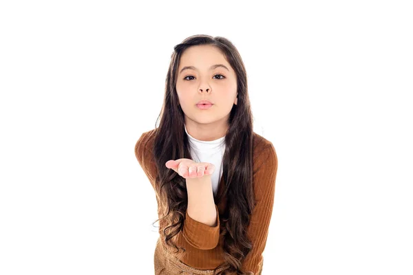 Adorable Kid Blowing Air Kiss Isolated White Copy Space — Stock Photo, Image