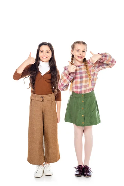 Happy Kids Looking Camera Showing Thumbs Signs White — Stock Photo, Image