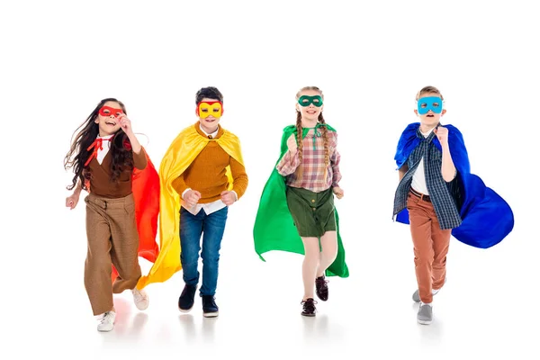 Happy Kids Superhelden Kostuums Maskers Die Wit — Stockfoto