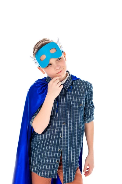 Pensive Boy Superhero Costume Touching Chin Isolated White — Stock Photo, Image