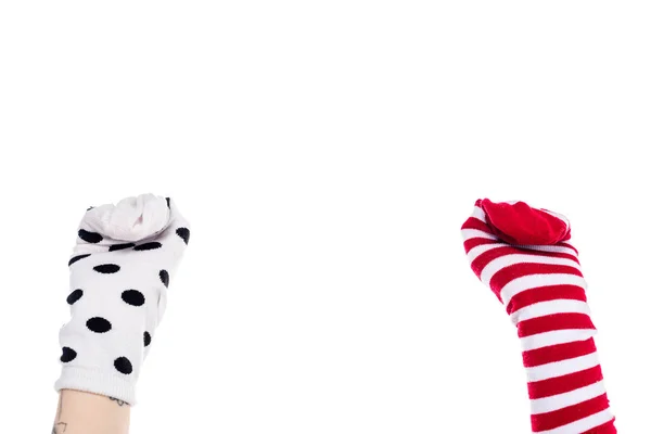 Частковий Вид Людини Барвистими Ляльками Шкарпетками Руках Ізольовані Білому Простором — стокове фото