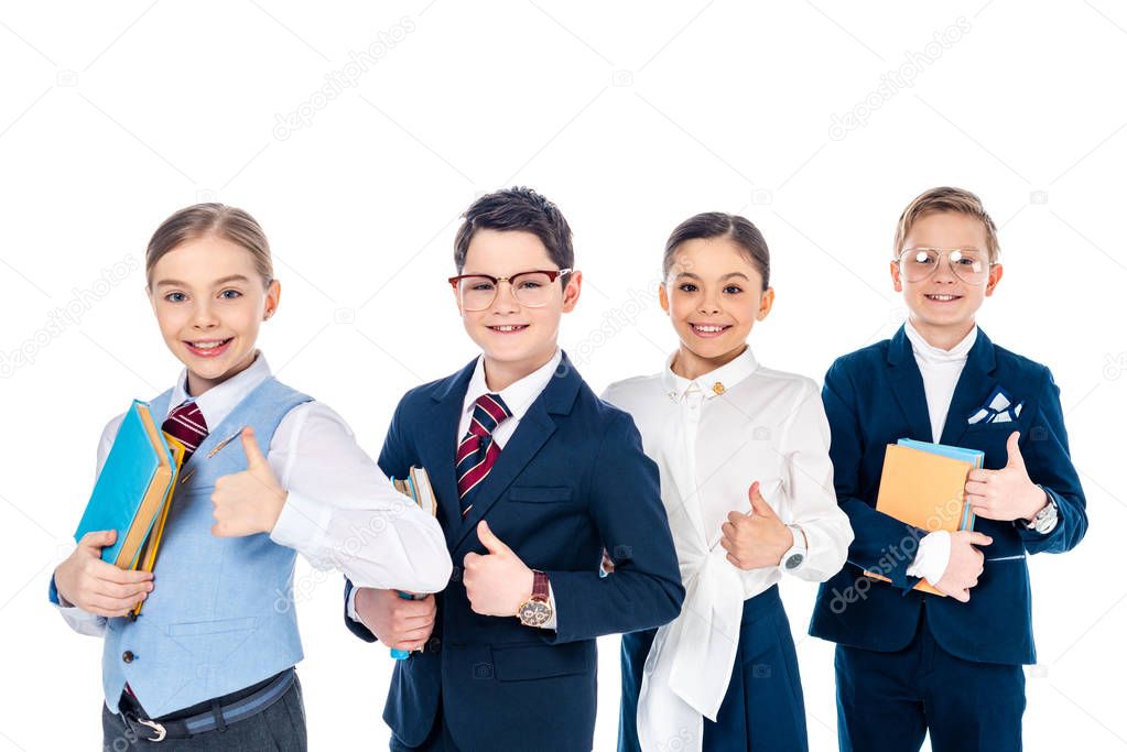 smiling schoolchildren pretending to be businesspeople with books showing thumbs up Isolated On White