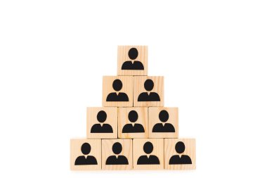 pyramid made of wooden blocks with black human icons isolated on white clipart